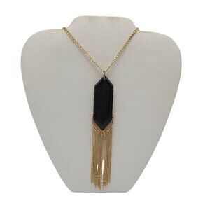 1980s Gold Chain Necklace With Black Pendant Fringe Tassel Design